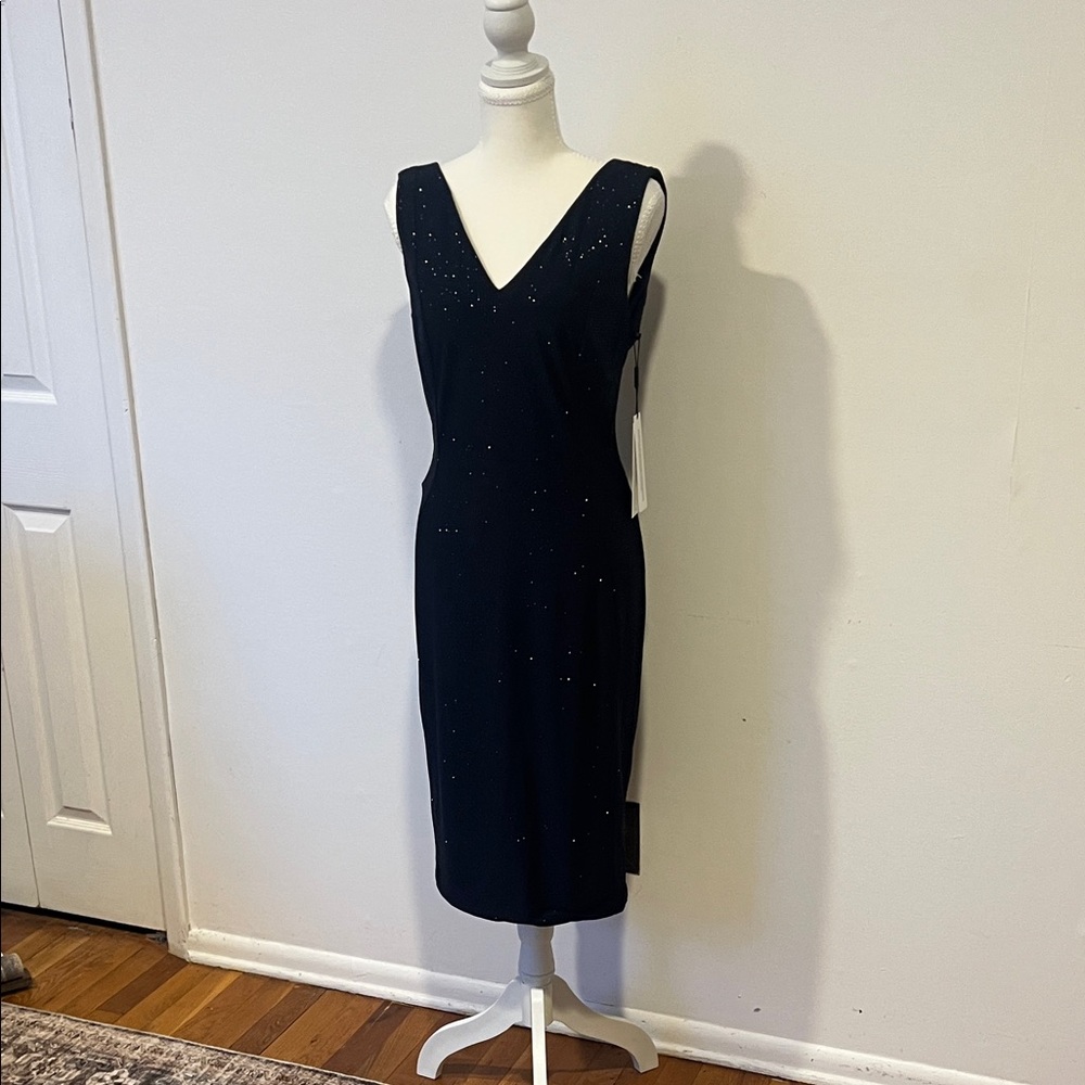 Calvin Klein Blue Sleeveless V-Neck Midi Dress with Sparkle. Womens Size 6. NWT